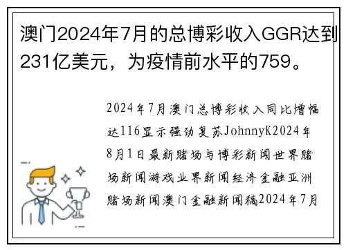 澳门2024年7月的总博彩收入GGR达到231亿美元，为疫情前水平的759。
